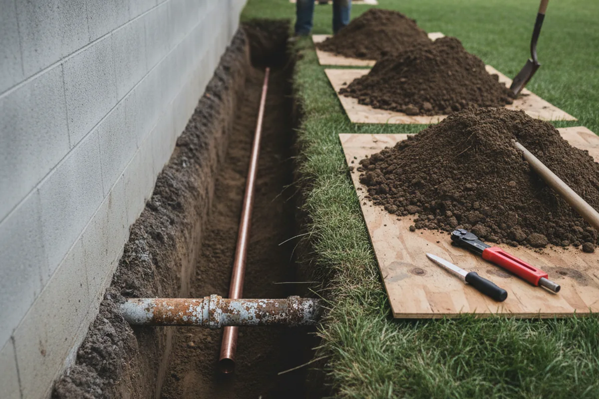 Excavated water line trench during Water Heater Repair in Cornwall